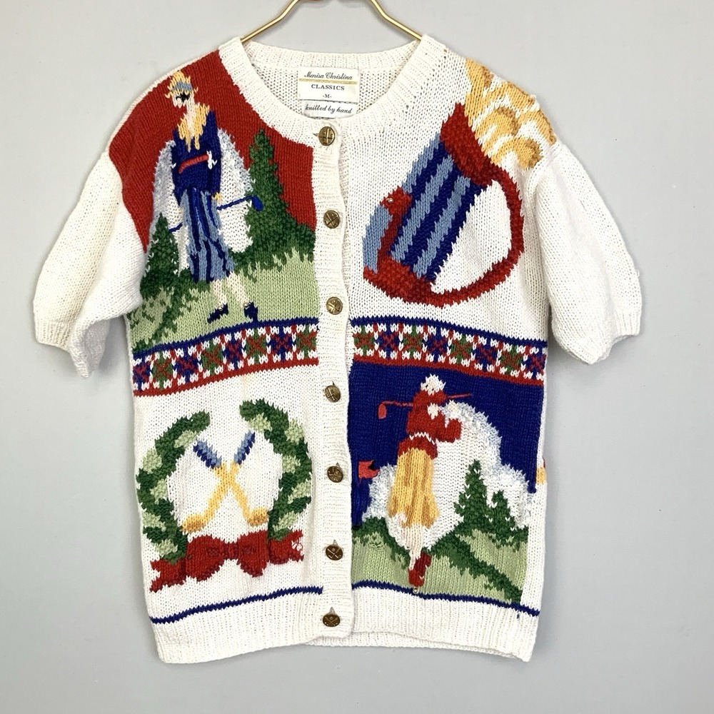 Marisa Christina Medium Hand Knit Short Sleeve Sweater Golf Design Gold Buttons